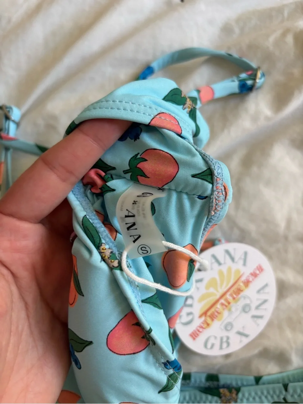 Grey Bandit x Ana two piece swimsuit in blue fruit